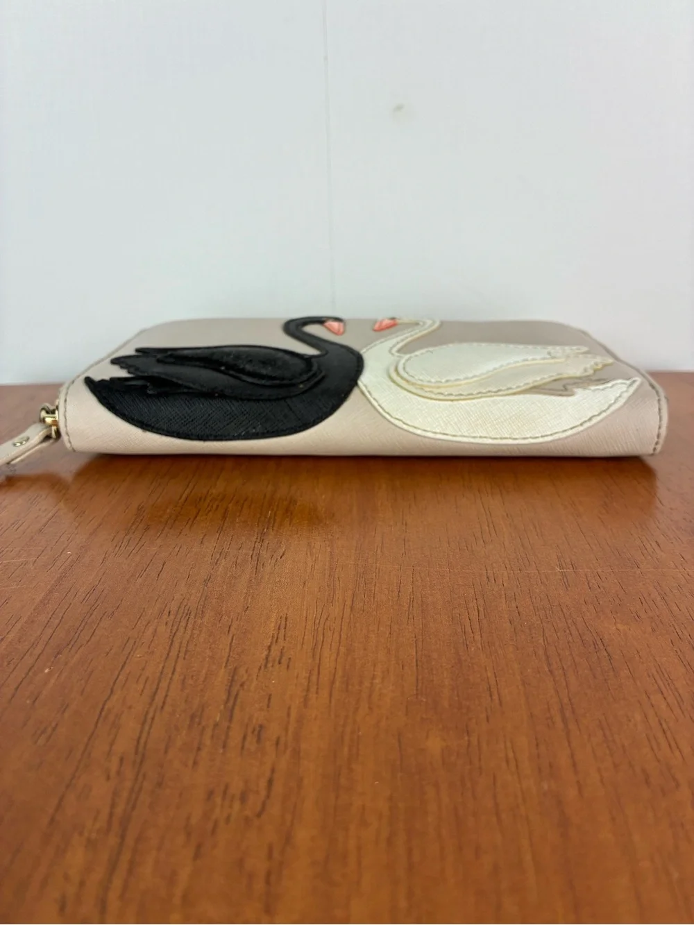 Kate Spade On Pointe Black White Swan Applique Lacey Zip Around Wallet